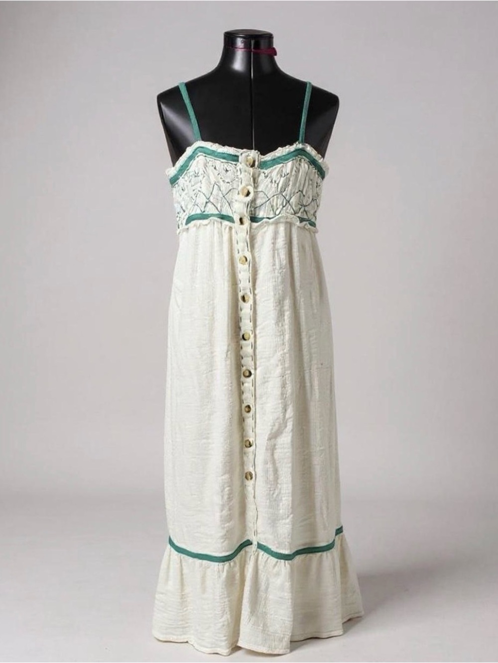 Y2K Cream and Green embroidered smocked bodice maxi dress